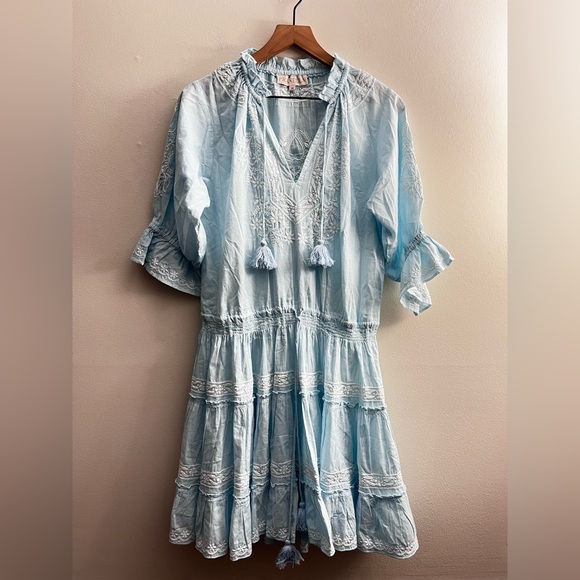 Pranella Amar Sky blue white Embroidered Tiered Dress lightweight ruffle sienna - Picture 3 of 8